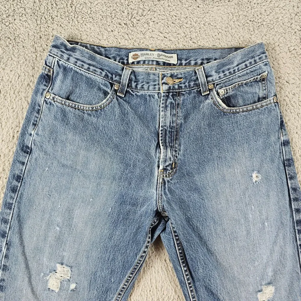 Harley Davidson Jeans Men 32x29 Blue Denim Distressed Biker Grunge Skater Cotton
